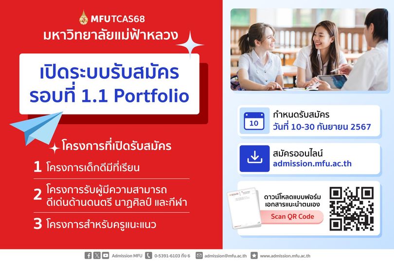 ม.แม่ฟ้าหลวง เปิดระบบรับสมัครรอบที่ 1.1 Portfolio