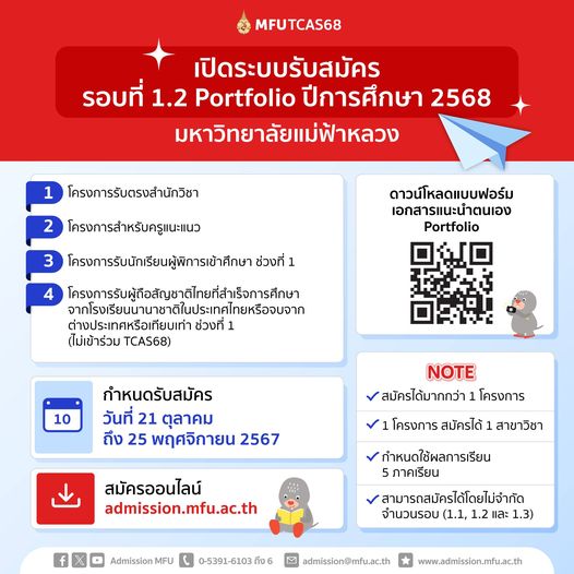 มหาวิทยาลัยแม่ฟ้าหลวง เปิดรับสมัครรอบที่ 1.2 Portfolio ปีการศึกษา 2568 จำนวน 4 โครงการ