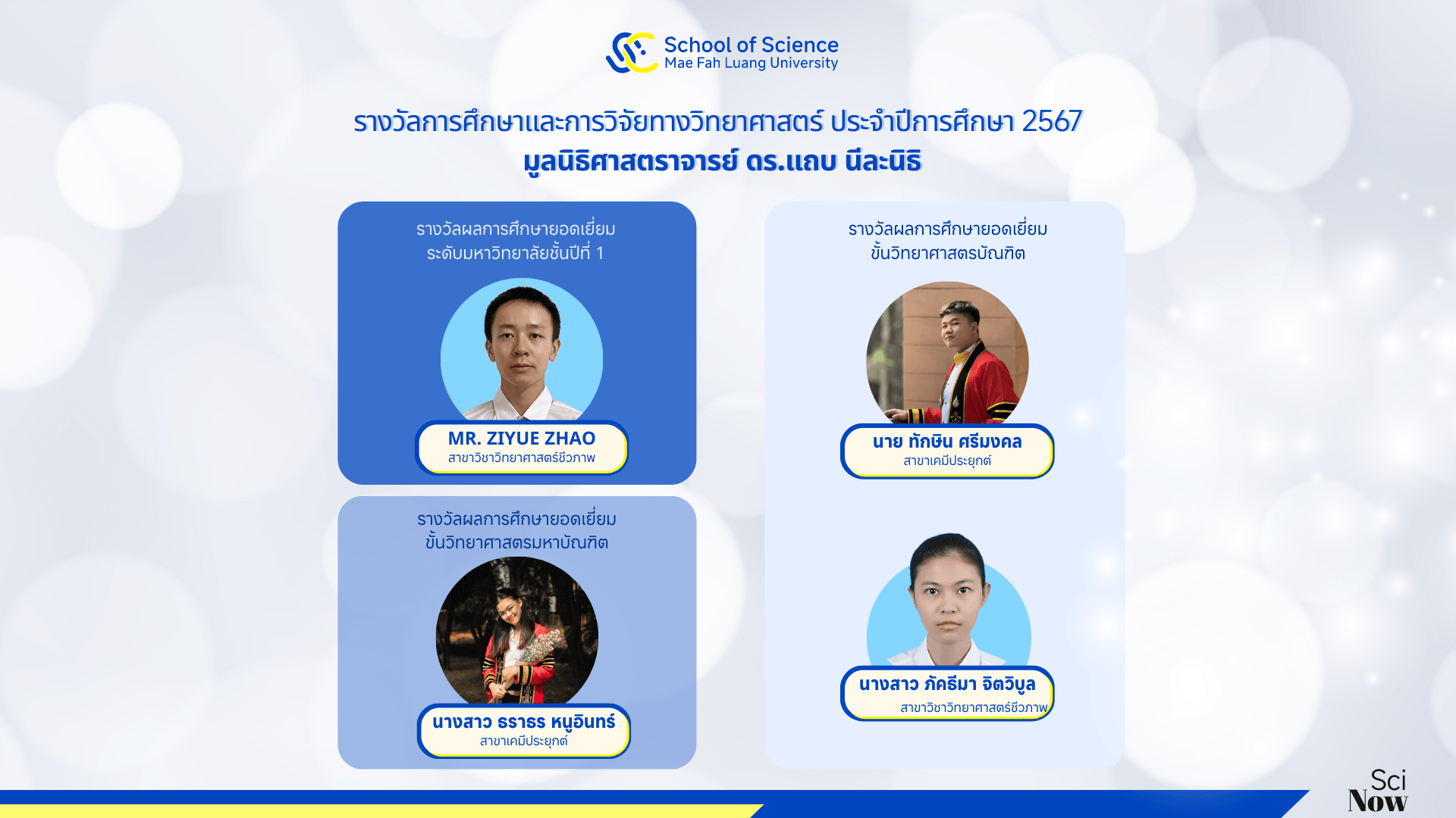 สำนักวิชาวิทยาศาสตร์ มหาวิทยาลัยแม่ฟ้าหลวง ขอแสดงความยินดีกับนักศึกษาและบัณฑิตที่ได้รับรางวัลการศึกษาและการวิจัยทางวิทยาศาสตร์ จาก มูลนิธิศาสตราจารย์ ดร.แถบ นีละนิธิ ประจำปีการศึกษา 2567